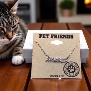 Pet Friends Pave Crystal “MEOW” Necklace Silver-Tone Cat Lover Jewelry